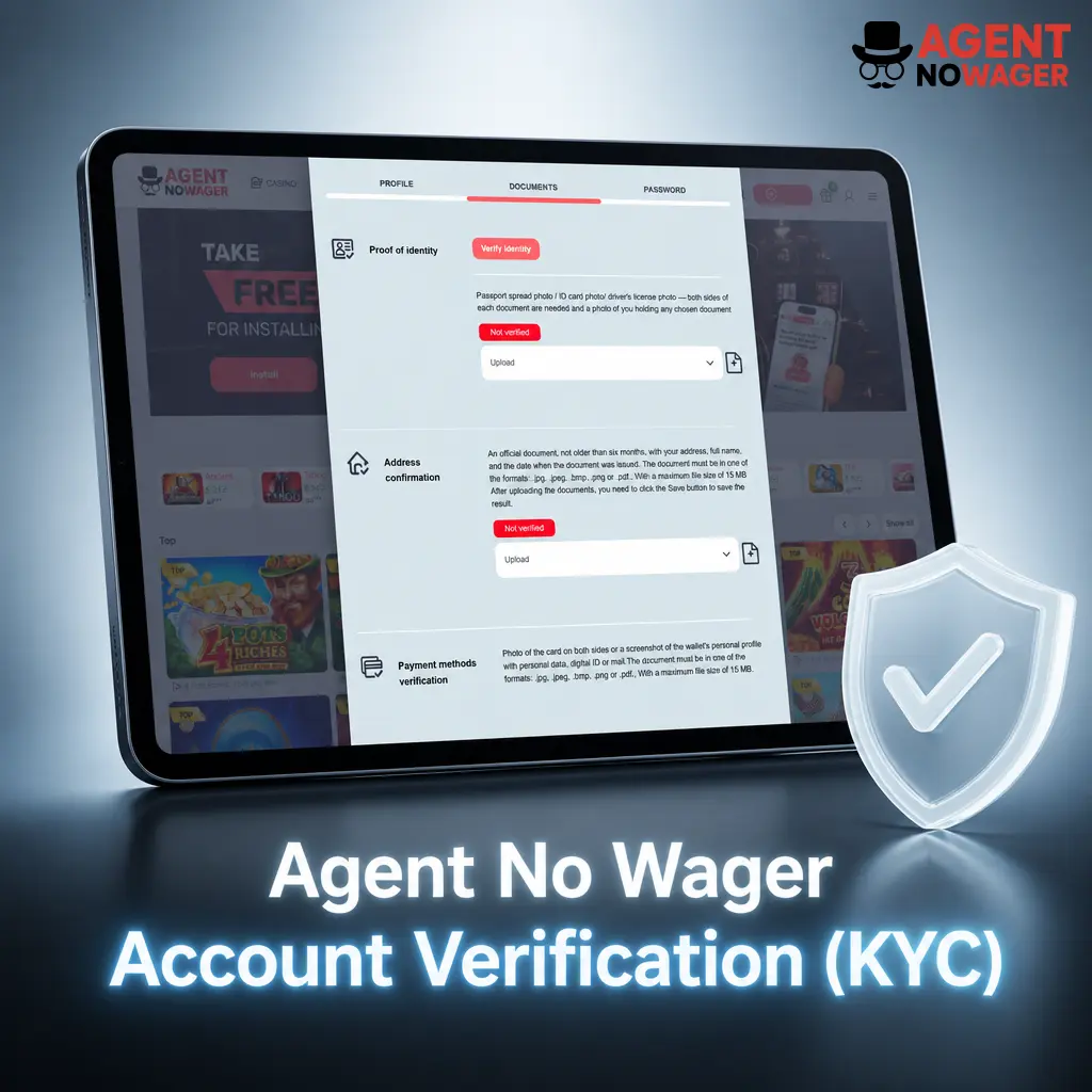 Agent No Wager KYC verification process showing accepted ID, address proof, and payment method documents for UK players
