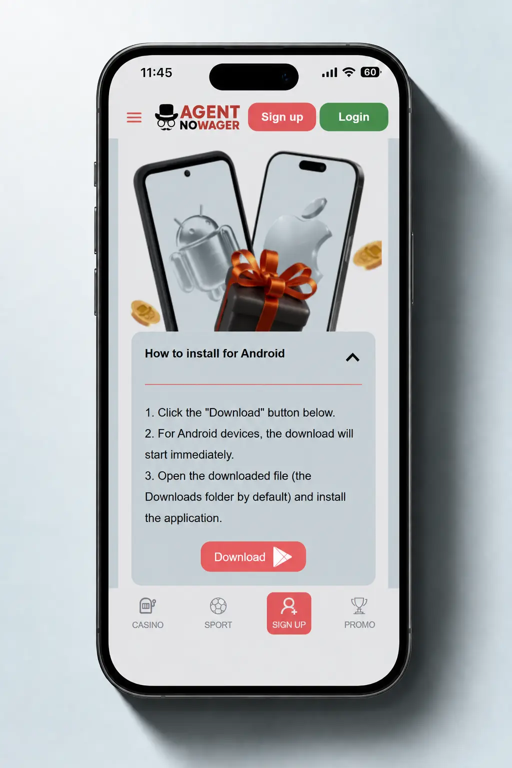 Step-by-step guide showing how to download and install the Agent No Wager APK on an Android device.