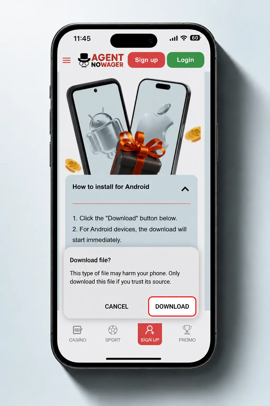 Step-by-step guide showing how to download and install the Agent No Wager APK on an Android device