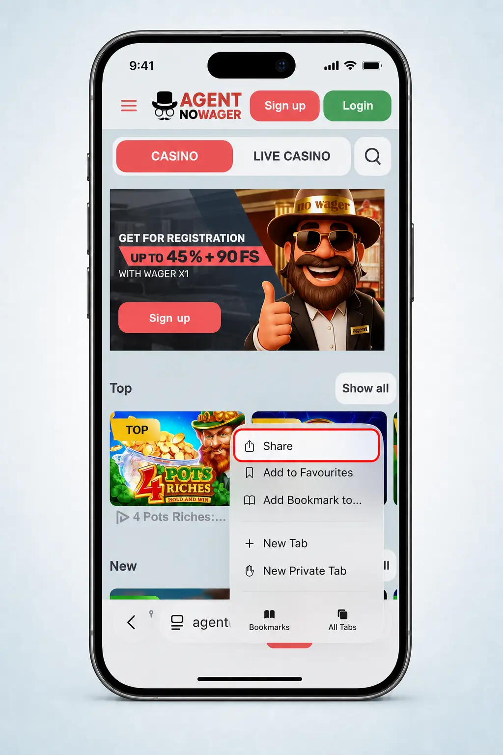 Step-by-step guide showing how to install the Agent No Wager app on iOS via Safari using the Add to Home Screen feature