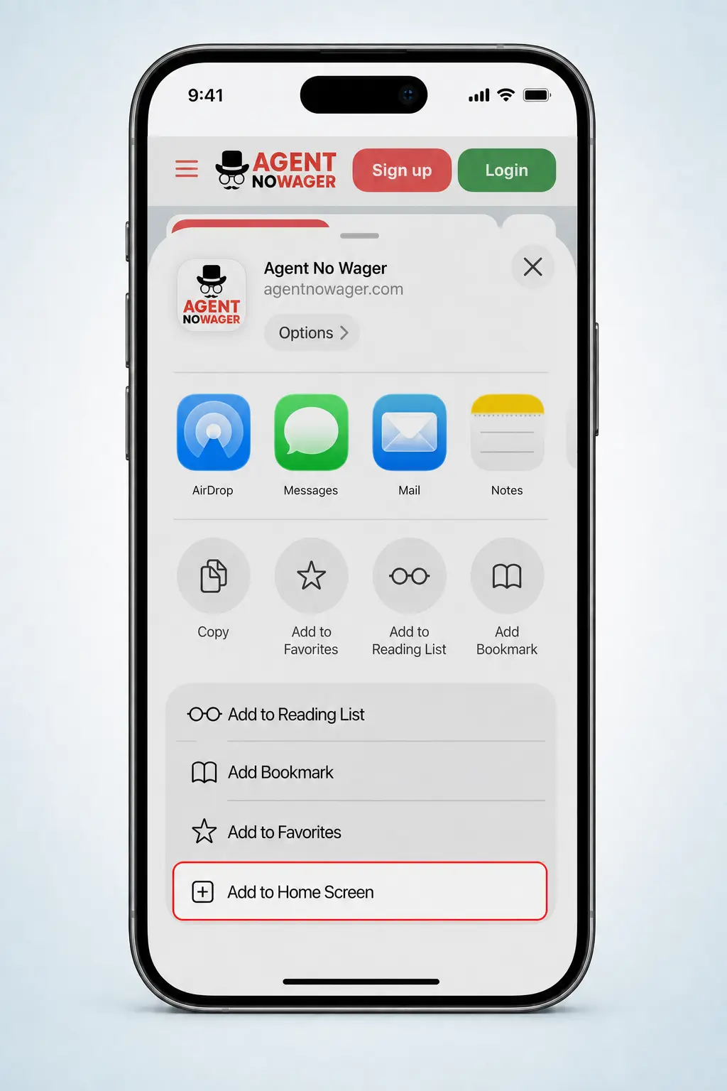 Step-by-step guide to install Agent No Wager on iOS via Safari PWA, adding the app to your home screen