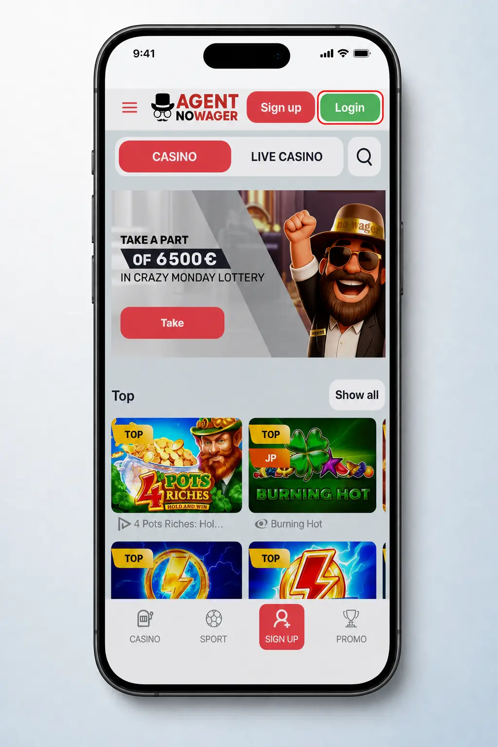 Agent No Wager login screen showing steps to sign in and access balance, bonuses, and bet history