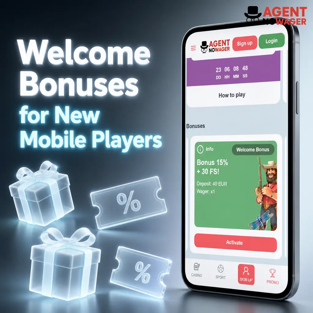 Agent No Wager app welcome bonuses: choose 15% match+30 free spins or 20% match+40 free spins, up to 1000 EUR, no wagering.