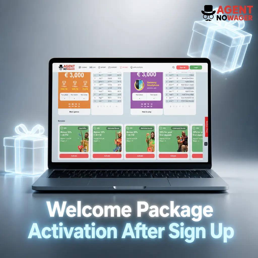 Agent No Wager welcome package: choose 15%+30 FS or 20%+40 FS bonus up to 1000 EUR, no wagering required