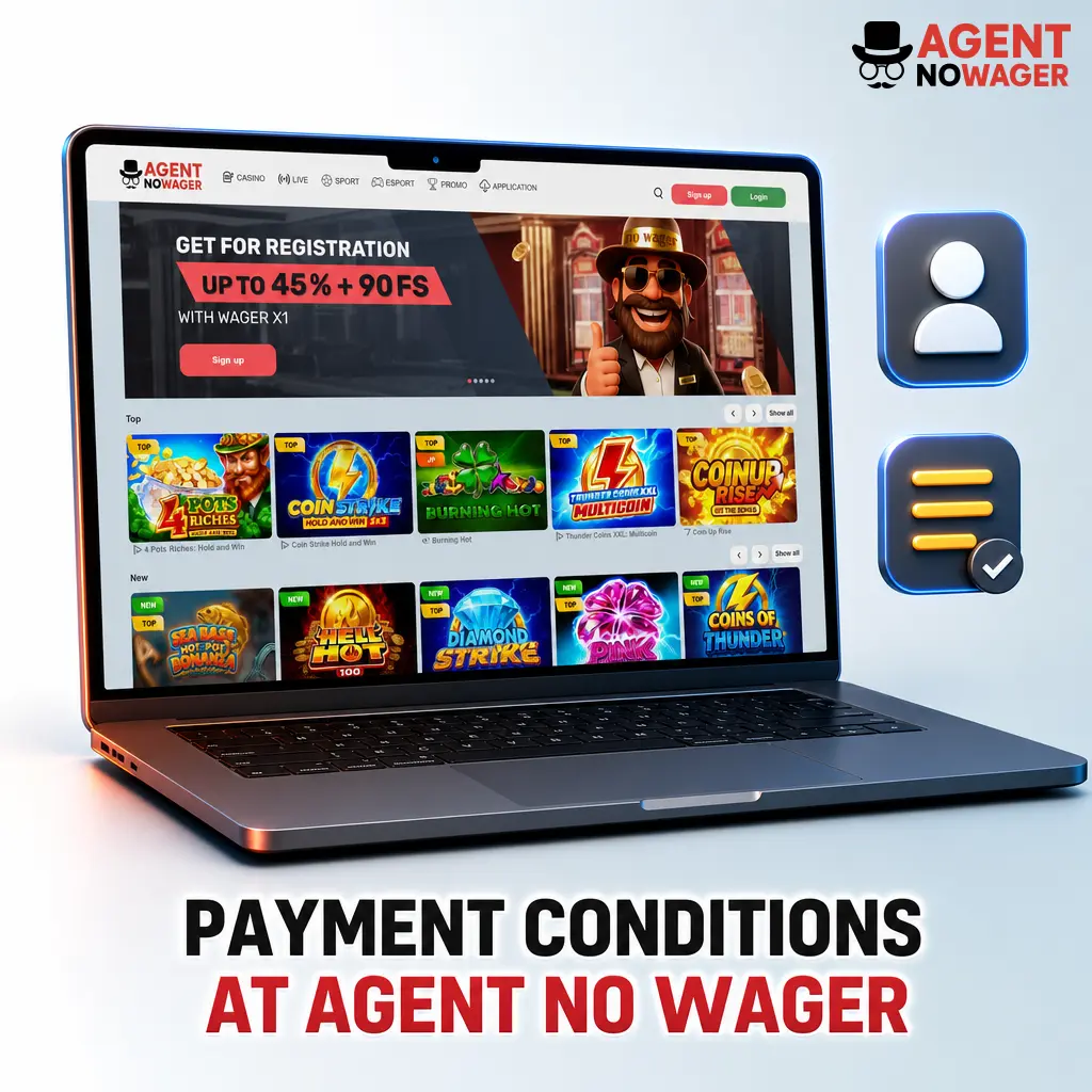 Payment conditions at Agent No Wager covering deposits, withdrawals, verification, limits, and UK regulatory compliance rules.